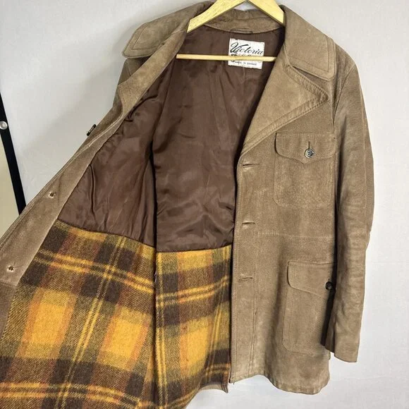 1970s Victoria Leather Suede Belted Safari Jacket Plaid Lined Canada